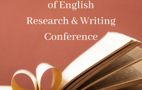 Photo of the cover of the program for The Department of English Research & Writing Conference. The cover of the program says 'The Department of English Research & Writing Conference' and has a photo of an open book with the pages folded in the shape of a heart. 