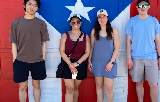 UAlbany students stand for a photo in front of a painting of the Puerto Rican flag.
