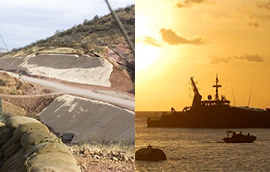 Public information campaigns may lessen the need for traditional border enforcement seen above: at left, a National Guardsman stands ready at the southwest U.S. border; at right, a migrant boat being intercepted by an Australian Navy ship near Australia's Christmas Island (photo by Kate Coddington).