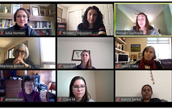 More than 20 participated in the WISH Essay Awards ceremony on Zoom. Shown here, top row, l to r, Irene Andrea, CAS assistant; Julia Hormes, associate professor, Psychology; Kristen Corbosiero, associate professor, DAES; Noreen Guilfoyle, prize winner; CAS Dean Jeanette Altirriba. Middle row: Mary Fucci, prize winner; Distinguished Professor Marlene Belfort; Lauriana Gaudet, prize winner; Janice Pata, associate professor, Biomedical Science; Elga Wulfert, professor, Psychology. Bottom row: Rebecca Orrison, 