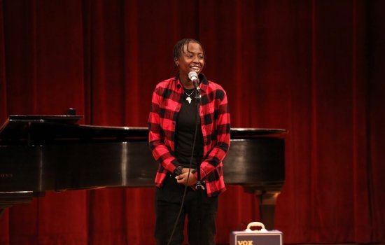 Fanta Ballo speaks onstage at a UAlbany event in February 2020.