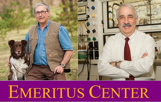 side-by-side photos show retired Professor Gary Kleppel with his dog and retired Professor Eric Block in his lab