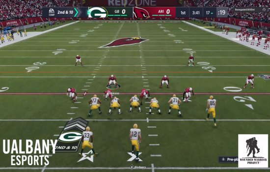 Screenshot of Green Packers vs. Arizona Cardinals game in Madden during the virtual gaming exhibition.