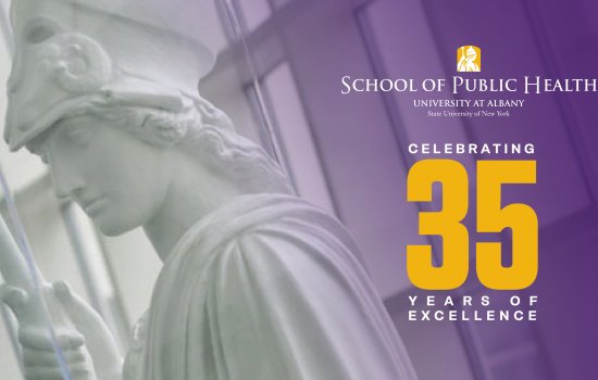 The School of Public Health Logo sits on a purple background. Below it, white text says "celebrating 35 years of excellence", with the 35 large and in gold.