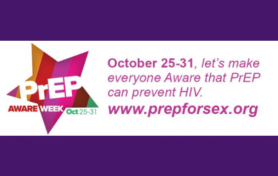 On a purple background, a white banner sits with information about PrEP aware week in bright pink text. The text says "October 25-31, let's make everyone Aware that PrEP can prevent HIV. www.prepforsex.org"