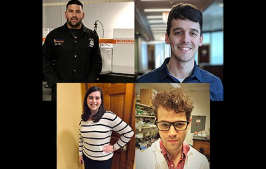 Four of the 15 PhD students that are new to the RNA Institute Fellows Program: left to right, Luis Perez Almodovar, Tristen Head, Rachel Fay and Ryan Treen. 