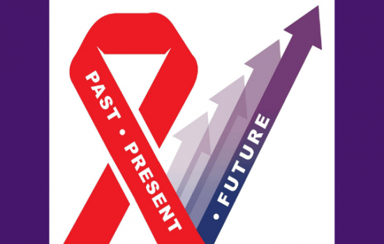 A red ribbon says "Past . Present". Connected to the bottom right of the ribbon is a purple arrow pointing upwards, with the word "future" on it.