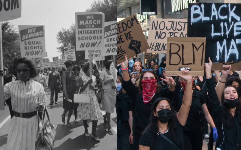 Comparative photos of social justice protests in past and present.