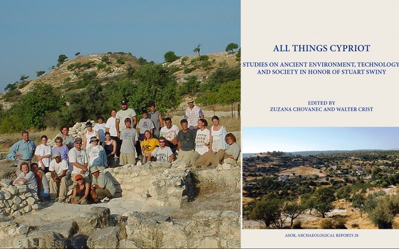 A archeological team in field, at left, a book cover of All Things Cypriot at right