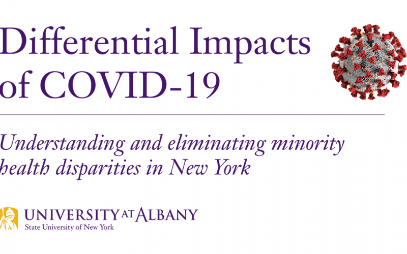 Screen capture from the title page of the report, reading "Differential Impacts of COVID-19: Understanding and eliminating minority health disparities in New York." Includes the UAlbany logo and photo of the virus.