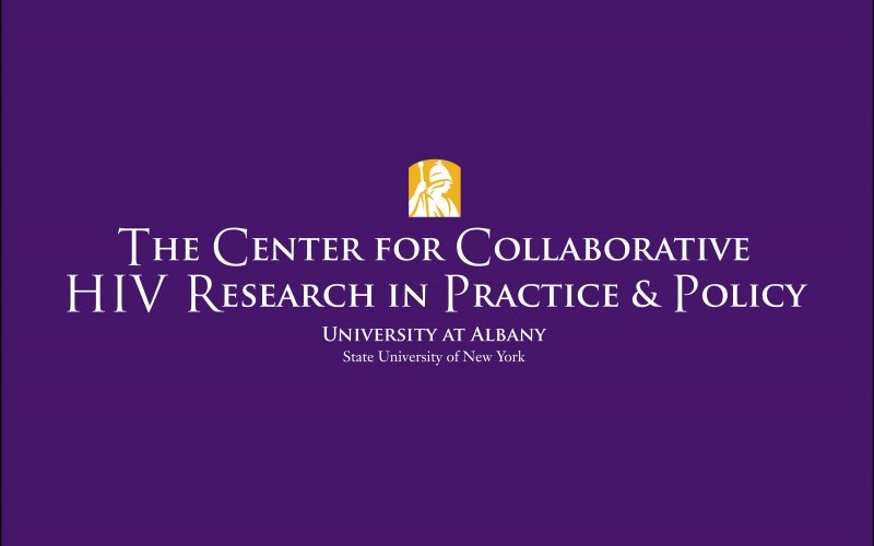 On a purple background, the text "The Center for Collaborative HIV Research in Practice and Policy" is written in white text. Above the text is a yellow block with UAlbany's mascot, Minerva. 