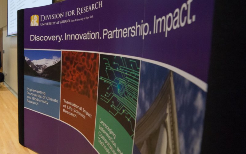 A curved, purple sign with the heading Division of Research displays images and graphics depicting different fields of study