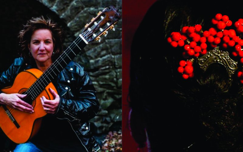 side by side photos of a woman with a guitar and the back of woman's head with red beads in hair