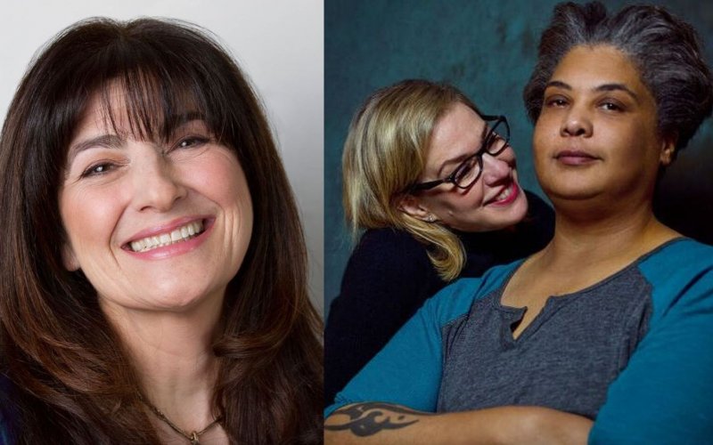 Lest, a portrait of a smiling Ruth Reichl. Left, Debbie Millman leans, smiling, to look at Roxane Gay, whose expression is serious and whose arms are crossed.