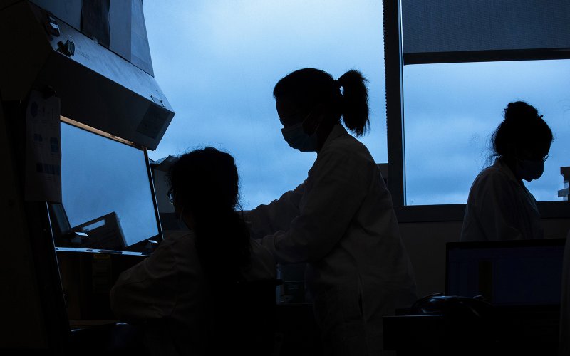 In silhouette in front of large windows, three female technicians work at scientific instrumentation