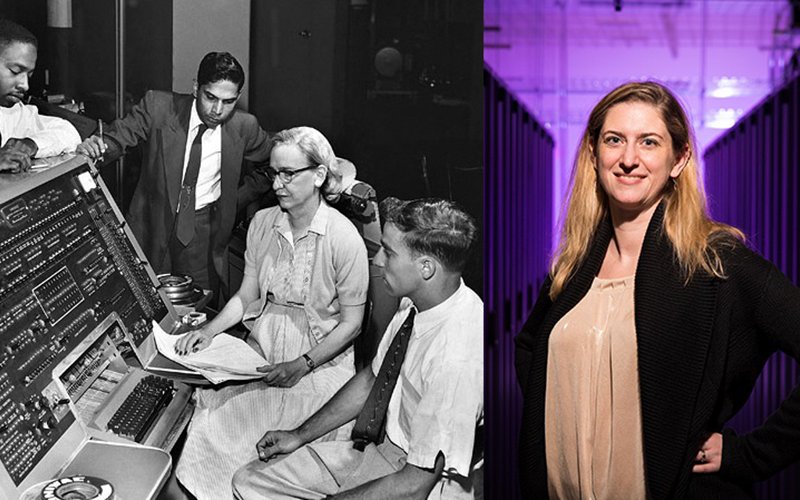 Photomontage of computer pioneer Grace Hopper and CEHC Vice Dean Jennifer Goodall.