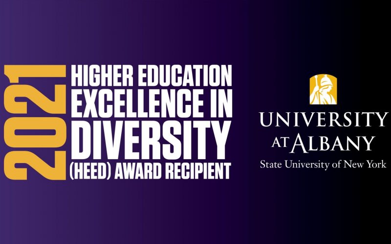 Purple graphic with words: 2021 Higher Education Excellence in Diversity (HEED) Award Recipient (on the left), and the University at Albany logo on the right
