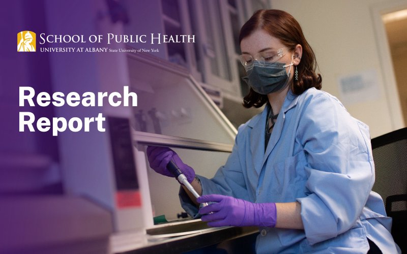 School of Public Health logo; Title- "Research Report"; Image of woman in lab coat with a sample