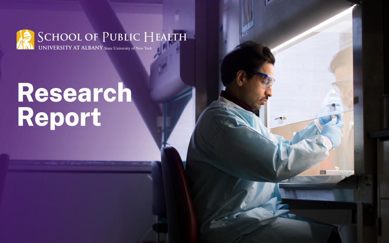 The words "Research Report" are on top of a purple background. Behind the purple is a man in a lab coat, working in a lab.