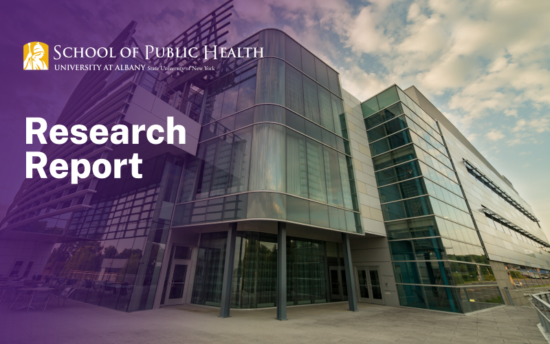 The cancer research center is in front of a blue cloudy sky. On top of the picture is a purple fade with the words "Research Report".