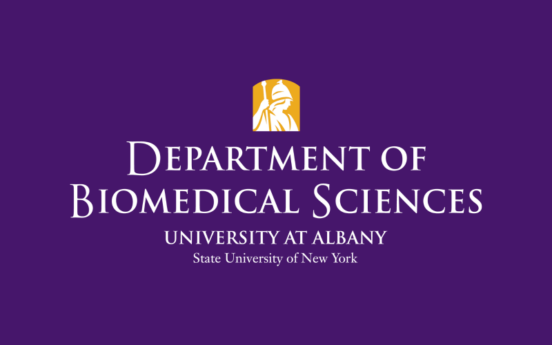 "Department of Biomedical Sciences, University at Albany" is written in white text and sits on a purple background.