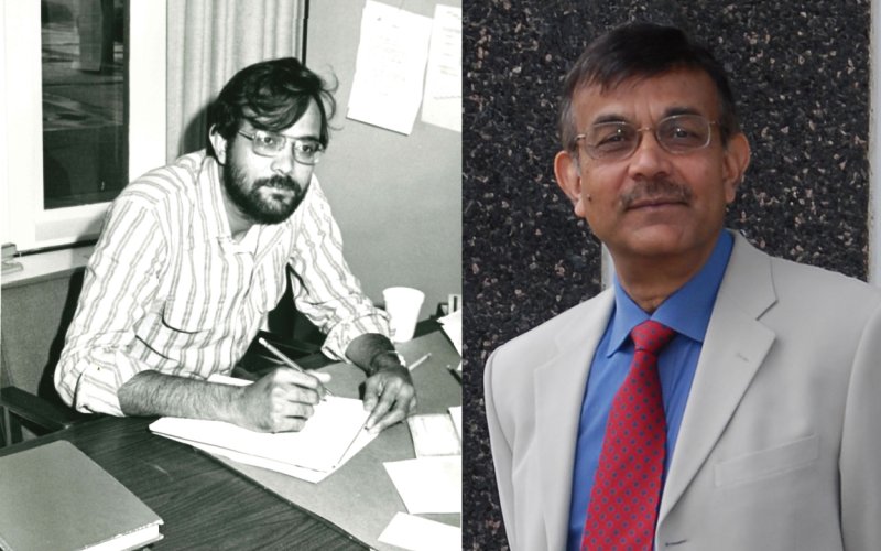 Economist Kajal Lahiri at his office desk in 1978, and today