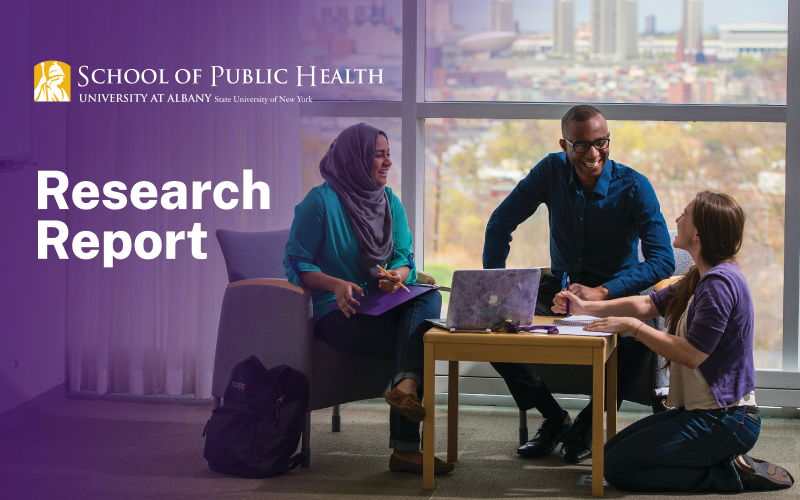 School of Public Health logo; Title- "Research Report"; Image of three persons collaborating together around a desk and computer.