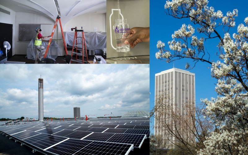 A group od photos show a workman installing LED lighting, a hand refilling a water bottle, a flowering tree next to a dormatory highrise, and solar roof panels