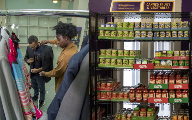 side-by-side photos show a young woman helping a young man try on a business jacket; and shelves of canned goods
