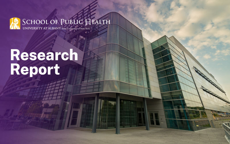 School of Public Health Logo; Title- "Research Report"; Image of University at Albany's Cancer Research Center (three story building with glass windows around exterior).