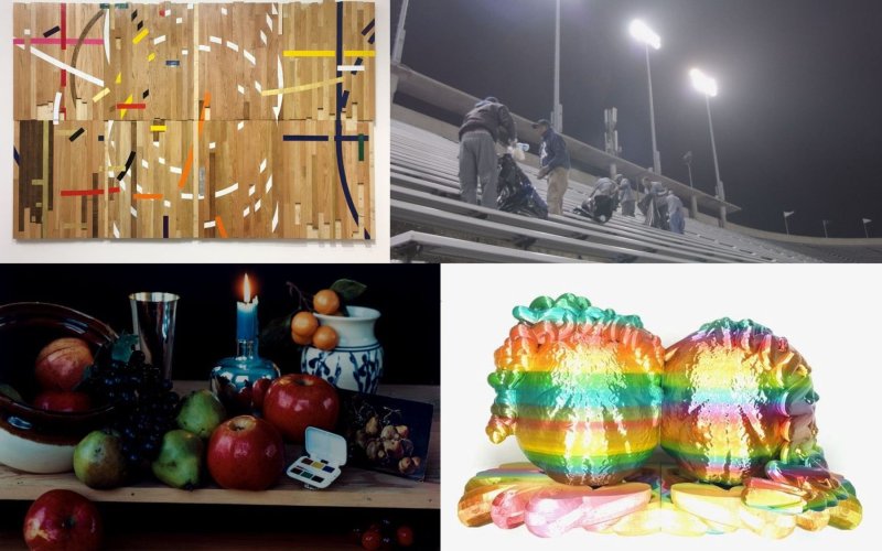 4 works of art -- an abstract composite of gym floor planks, a black and white photo of people picking up garbage in the bleachers of a deserted stadium, a shiny, rainbow colored sculpture of 2 orbs, and a still life with fruit and a candle