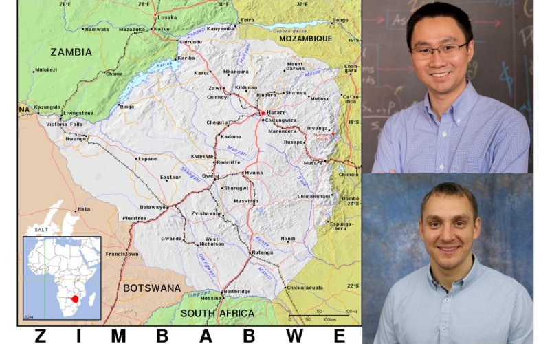 a map of Zimbabwe is shown with photos of two smiling professors