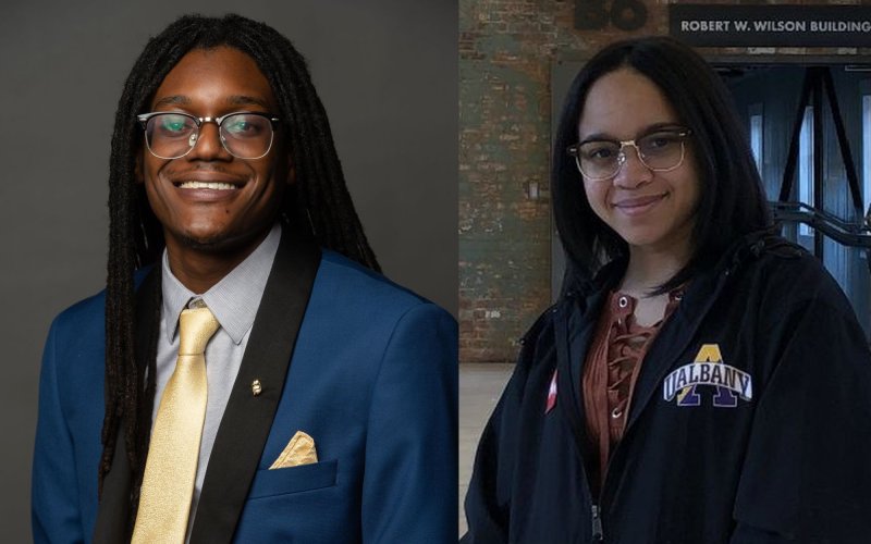 side-byside photos of a smiling man with long braids, wearing a suit and tie, abd a smiling soman wearing a UAlbany jacket