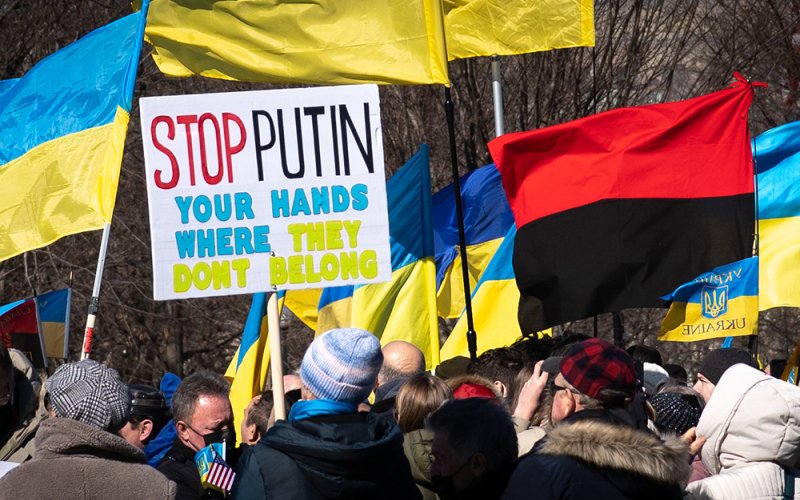 Protesters hold Ukrainian flags and carry Stop Putin signs