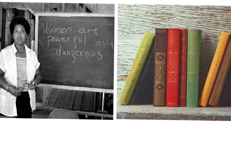 Spring 2022 English Dept Newsletter cover, including a woman standing in front of a board that says "Women are powerful and dangerous," and seven books standing up leaning on shelf.