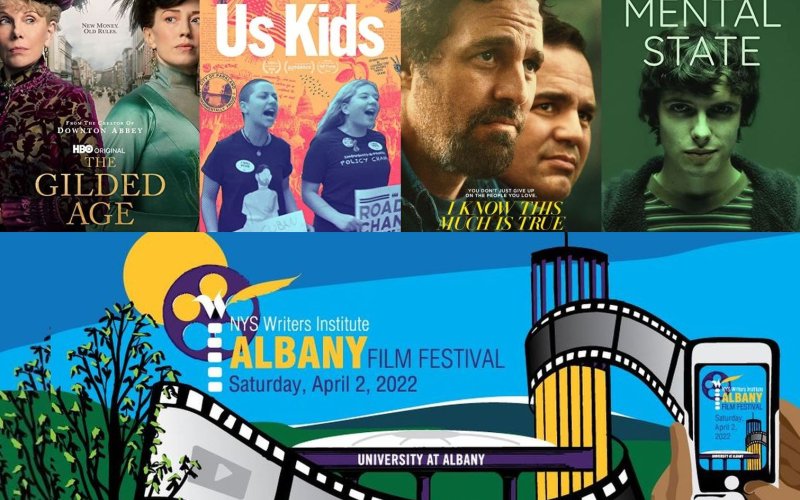 Four movie posters atop a graphic with the words "NYS Writers Institute Albany Film Festival, Saturday April2, 2022, University at Albany