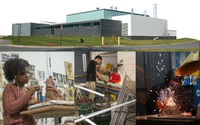 Composite image shows the Boor Sculpture studio above, and three students working in it below: a woman creating a clay sculpture of a person, a man cutting PVC pipe with a circular saw, and a person in a welding helmet working with on a triangular piece of metal as sparks fly.