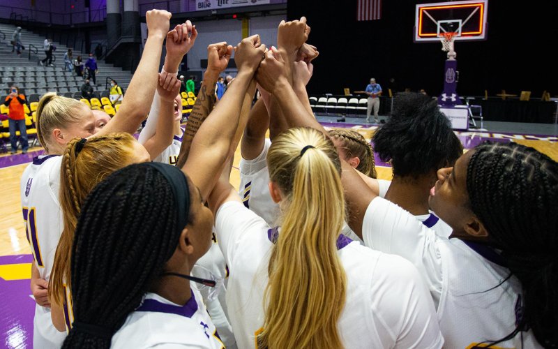 The UAlbany women's basketball team raises their hands in a huddle.