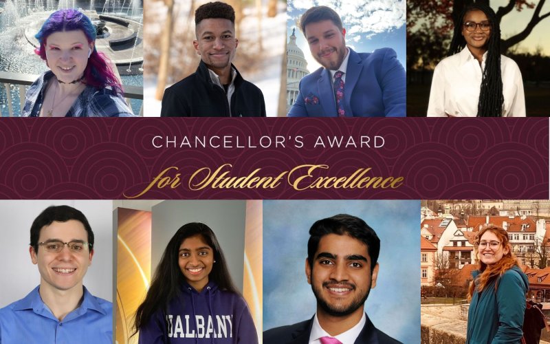 heashots of four students are above, and four more below a logo that says Chancellor's Award for Student Excellence 