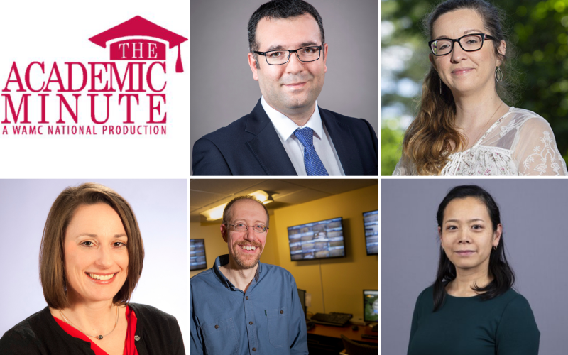 Academic Minute graphic featuring UAlbany faculty: Unal Tatar, Daphney-Stavroula Zois, Erika Martin, Jerry Brotzge and Tomoko Udo.
