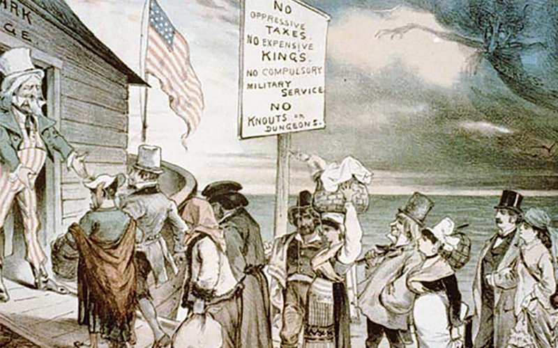 An illustration of colonial immigrants boarding a boat for United States.