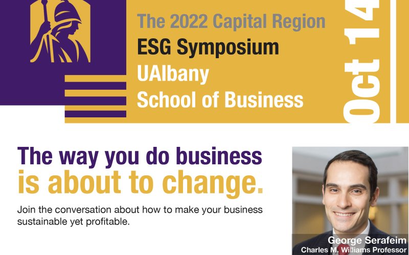 A poster announcing a symposium on ESG at the UAlbany School of Business on Oct. 14.