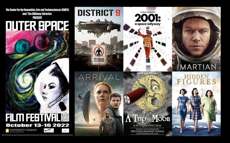 A collage features a poster for the Outer Space Film Festival and movie posters for a variety of space-themed films.