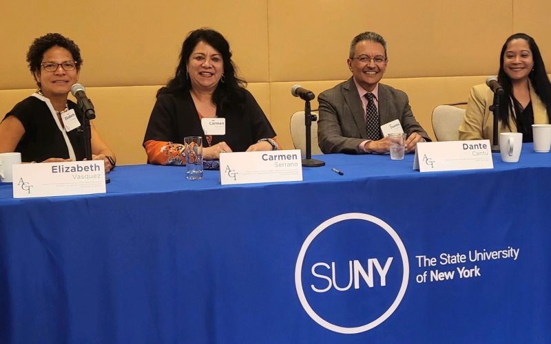 Carmen Serrano (SPN) spearheads the BILPOC initiative, creating opportunities for faculty who are Black, Indigenous, Latinx, People of Color--pictured with 3 others on a panel at a conference.