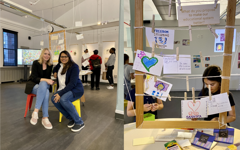 Side by side images of two women posing for a picture inside of an art gallery and two children making art in front of a clothespin display that features handmade postcards answering the question "What do you propose to make our educational system better?"
