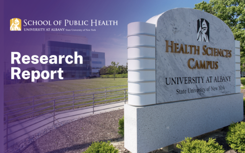 UAlbany School of Public Health Logo; Title: 'Research Report'; Picture of the sign for the Health Sciences Campus