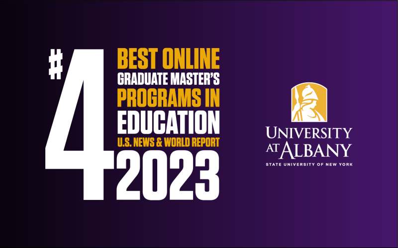 White and gold text reading "#4 Best Online Graduate Master's Programs in Education U.S. News & World Report 2023" appears on a purple graphic next to the UAlbany logo.