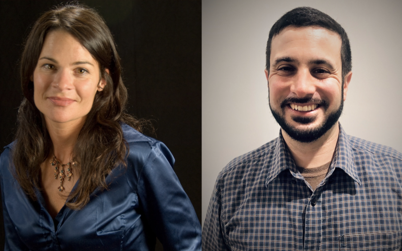 Side-by-side portraits show a woman with long dark hair wearing a blue silk shirt and a man with short dark hair and beard wearing a checkered shirt.