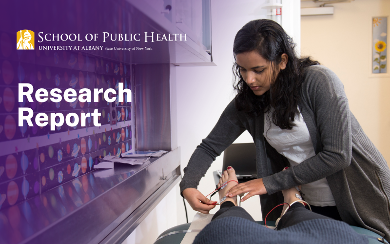UAlbany School of Public Health Logo; Title: 'Research Report'; Picture of woman placing electrodes on a patient.