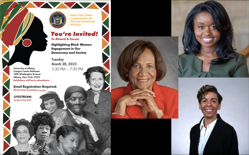 Collage features an event flyer with a silhouette of a woman wearing a colorful head scarf and a collection of famous Black women, alongside event information and three headshots of women.